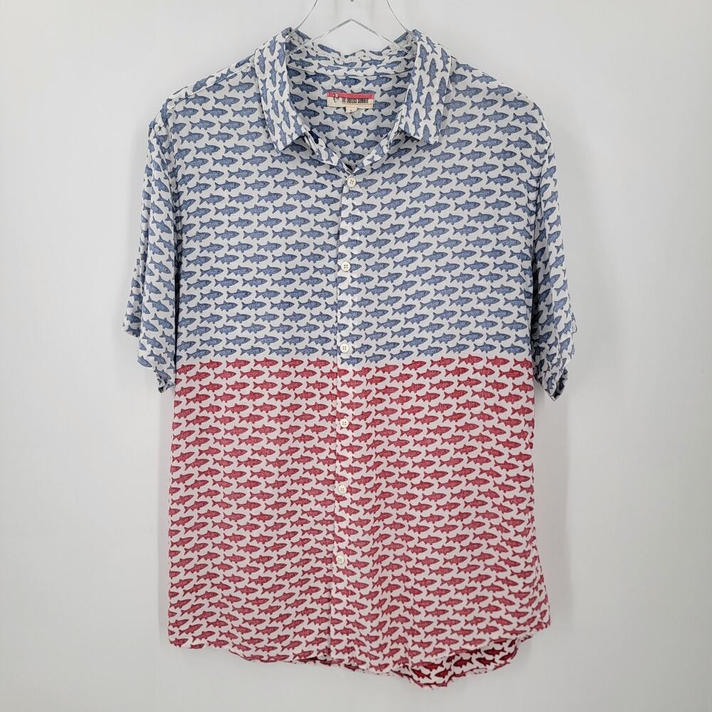 The Endless Summer Shirt Mens Large Red White Blue Fish Print Button Up